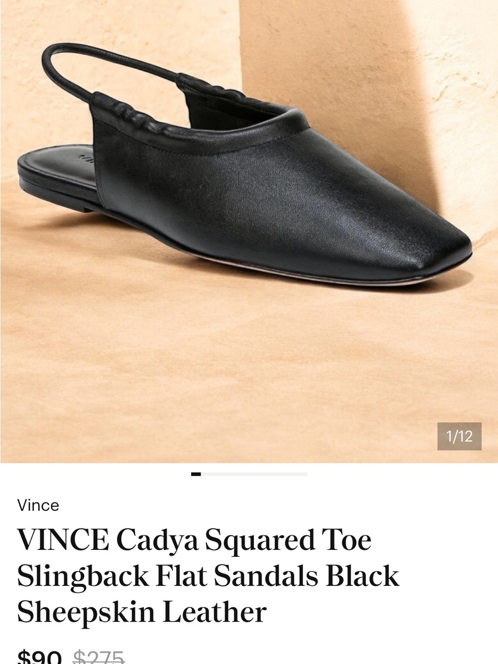 VINCE Cadya Squared Toe Slingback Flat Sandals Black Sheepskin Leather